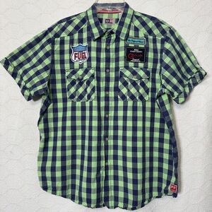 Phat Farm XL Plaid Racing Patch Shirt Neon Green Navy Streetwear 90s Y2K